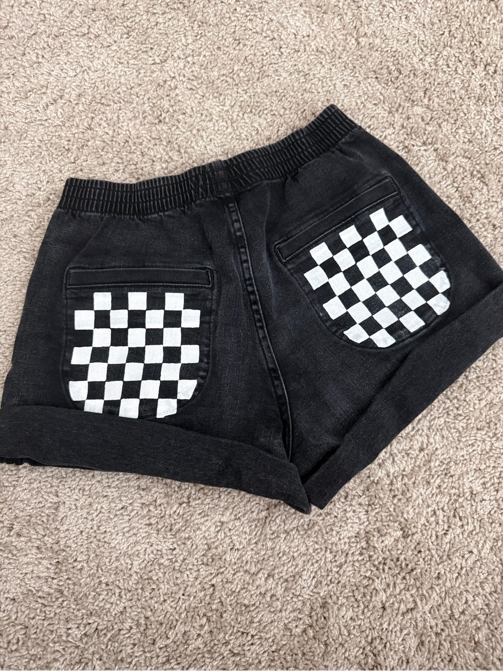 Aviator Nation Black Jean Shorts with White Checkerboard Pockets